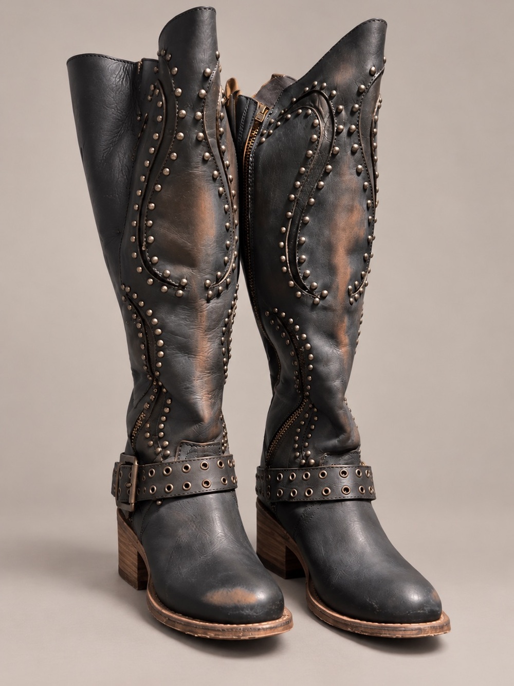 Freebird by Steven Coyote Black Studded Tall Boots Size 7 EUC w/ Box Dust Bags